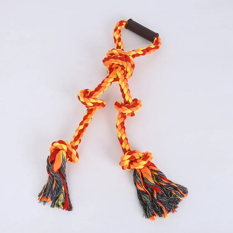 Blue and yellow cotton rope tug toy for large dogs with a non-slip handle.