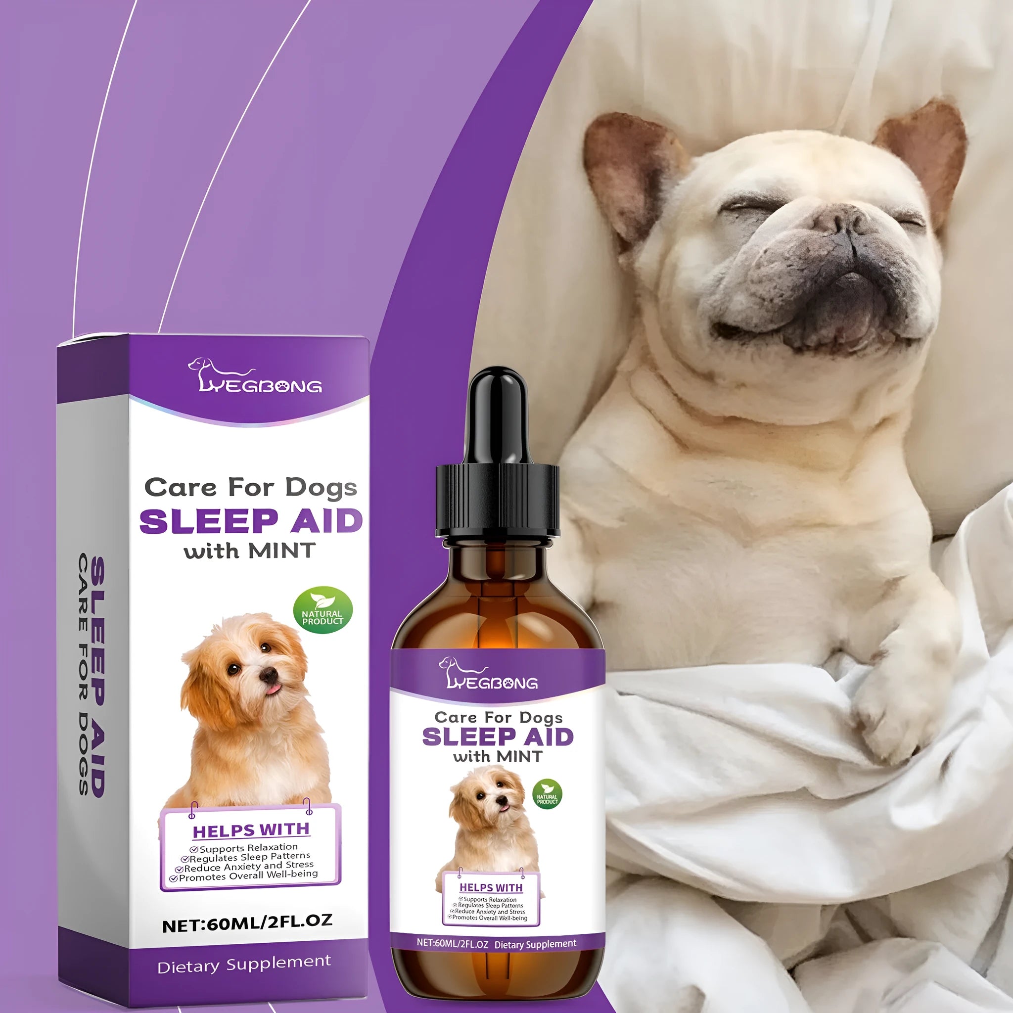 60ml dog sleep drops bottle with natural mint extract formula for canine rest support