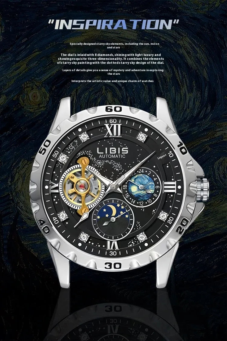 Silver men's automatic watch with black steel belt and luminous starry dial.