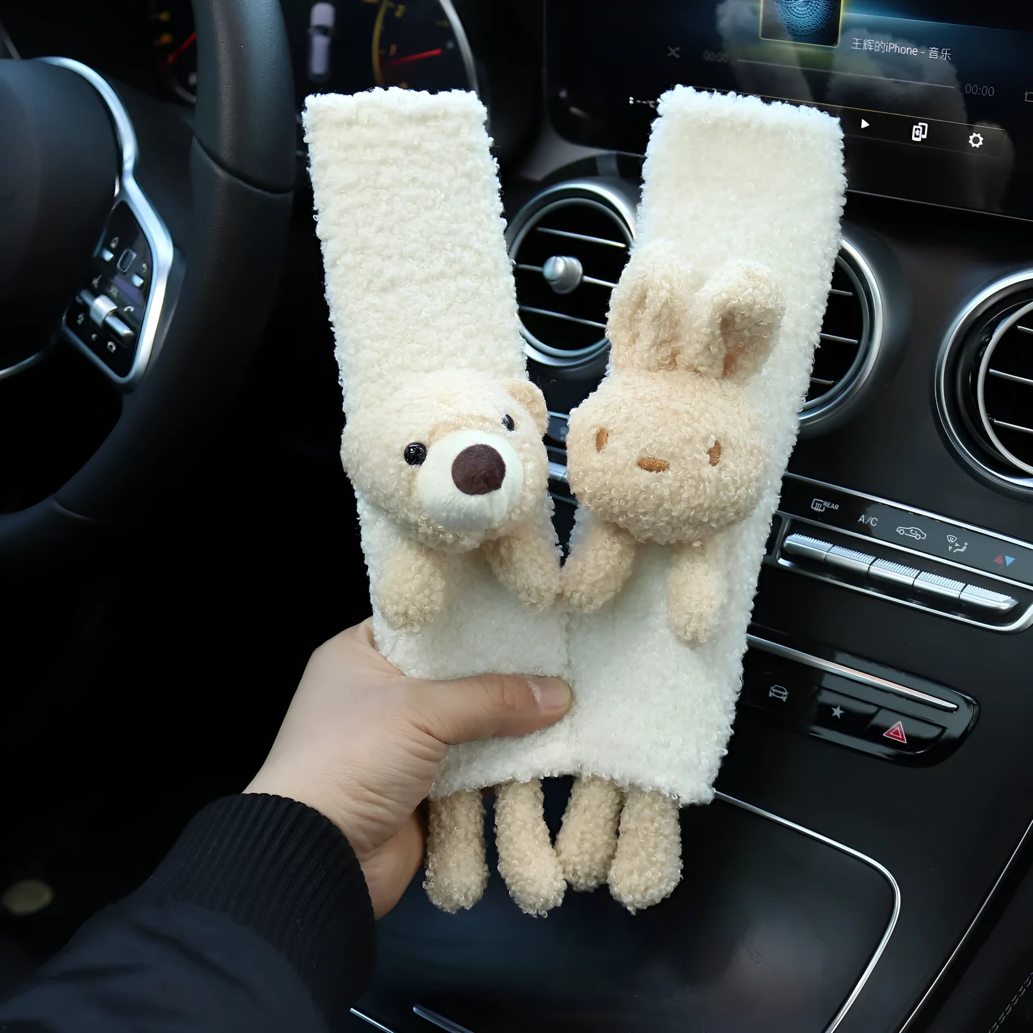 Cartoon plush rabbit and bear design car seat belt shoulder protector made from soft lamb wool.