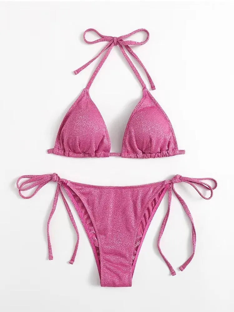 Women's split bandage bikini swimsuit in six colour options with detailed sizing measurements