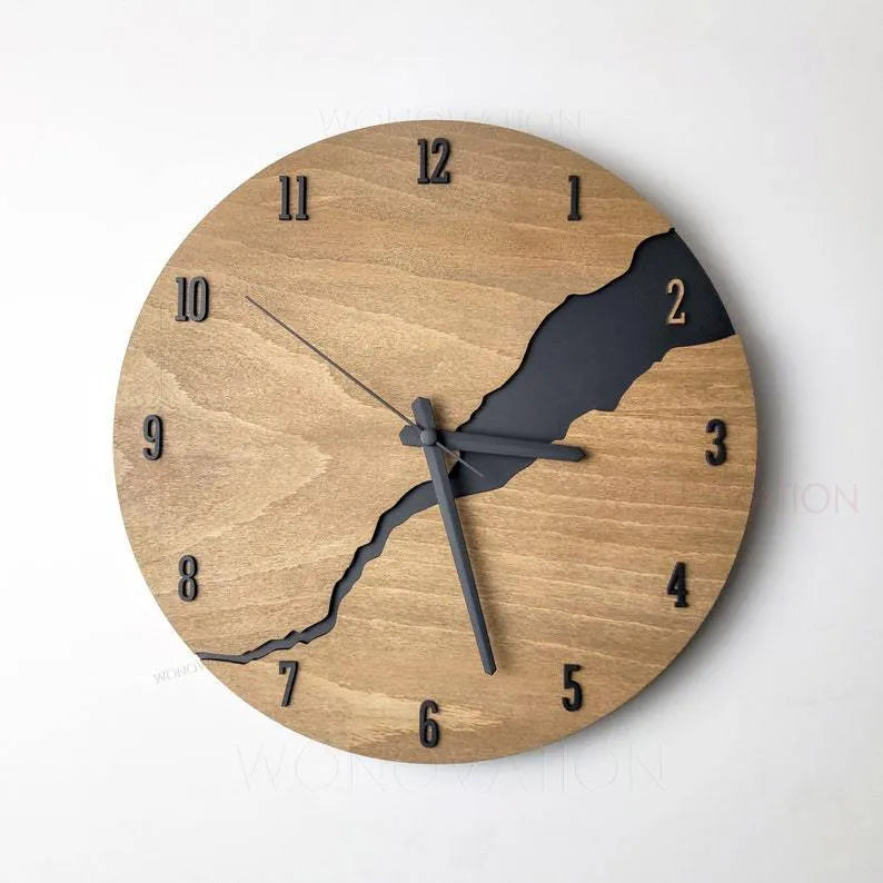 Modern creative crack design wooden wall clock in a choice of five colours on a wooden shell.