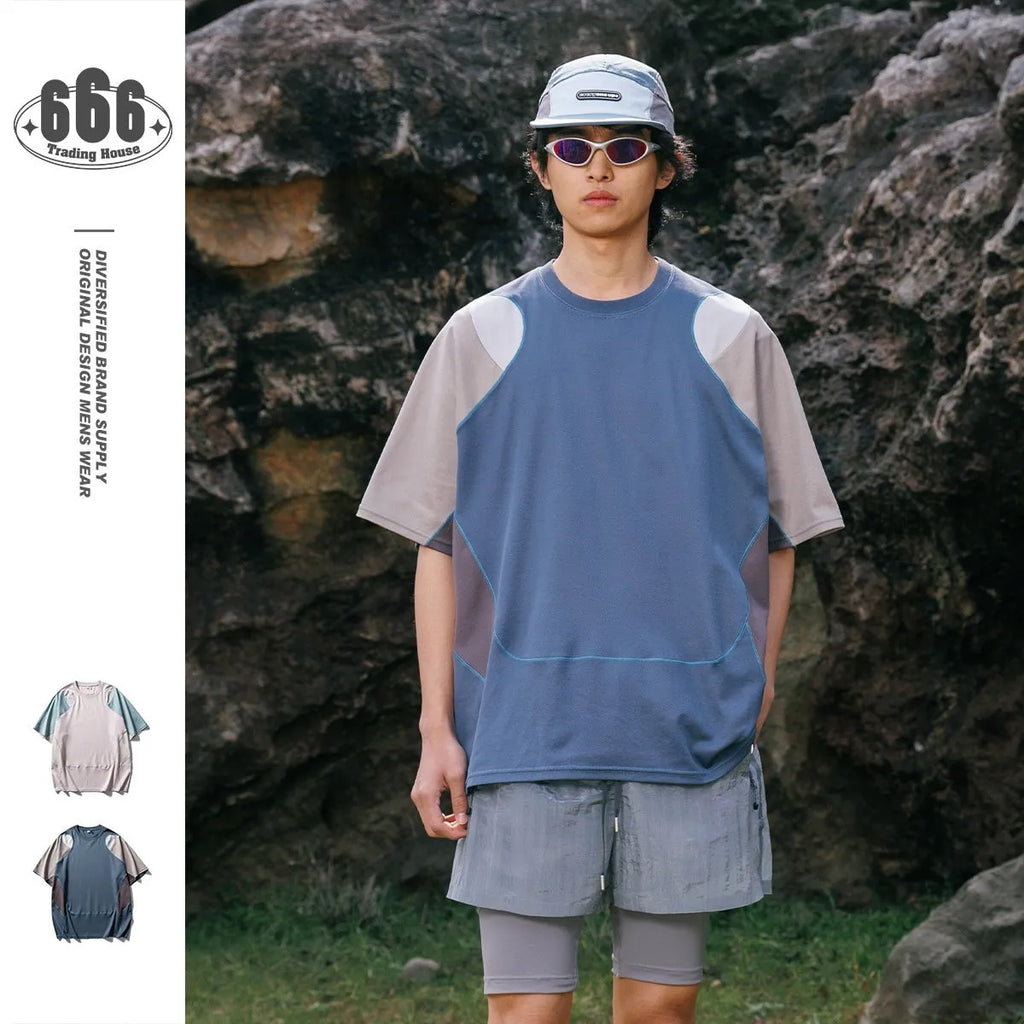 Men's loose fit cotton blend t-shirt with patchwork colour contrast in blue and beige tones