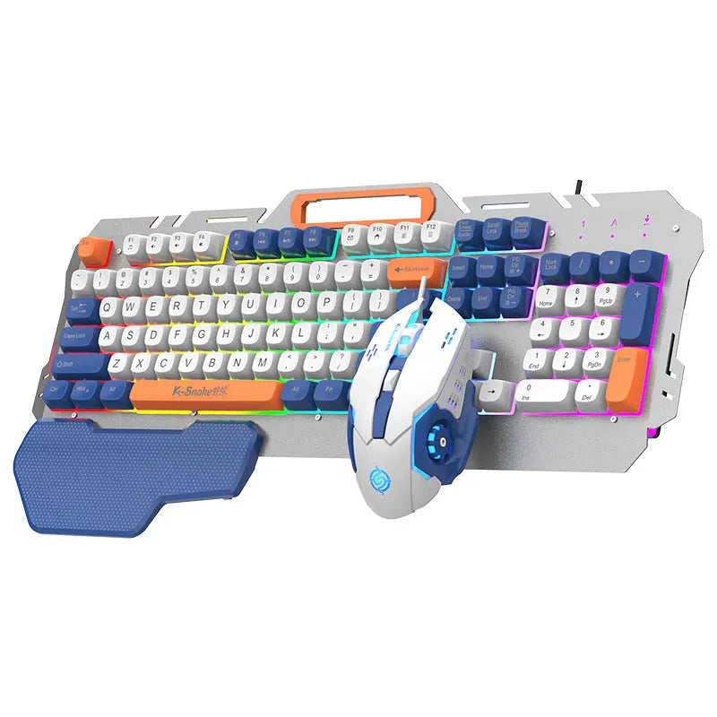 Blue and grey wired gaming keyboard and mouse set with backlit keys