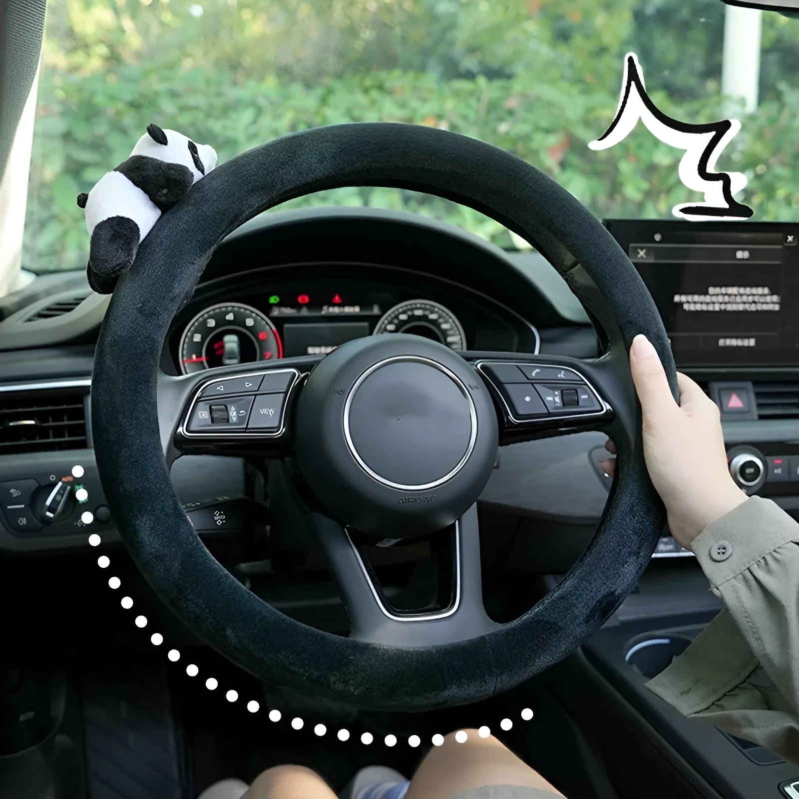 Black plush panda steering wheel cover and shoulder pad set for winter car comfort
