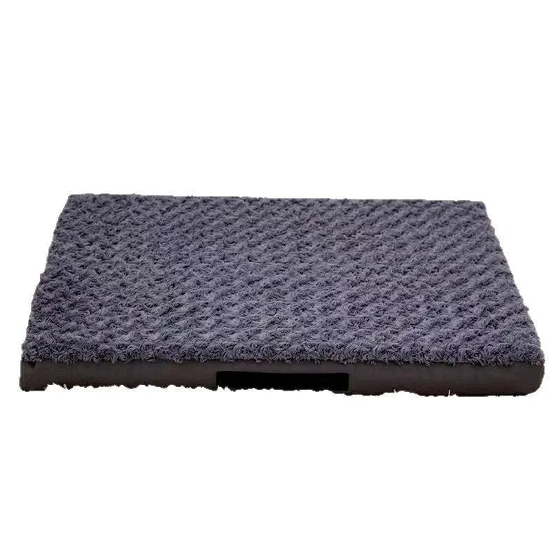 Dark gray embossed velvet pet mat on floor, with size and weight information