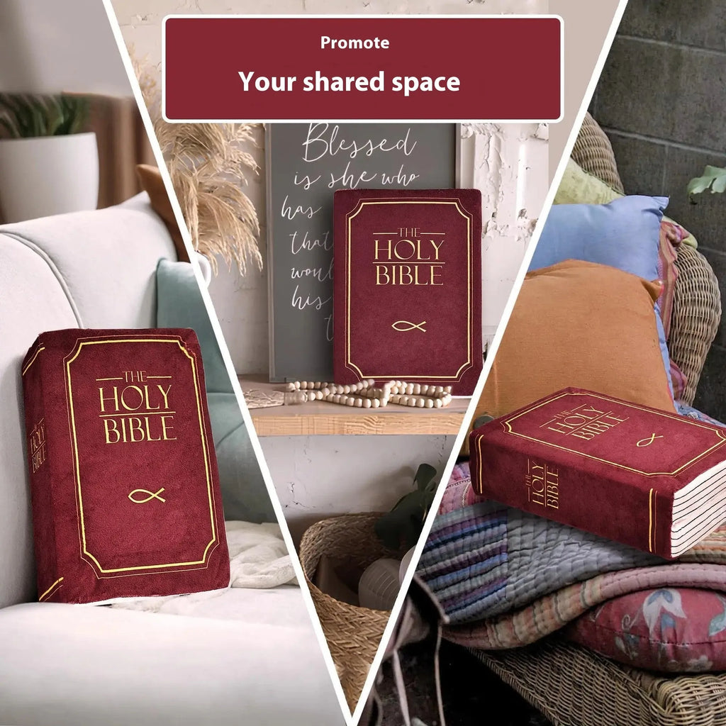 Purple plush Bible doll decorative cushion with memory foam filling on a sofa