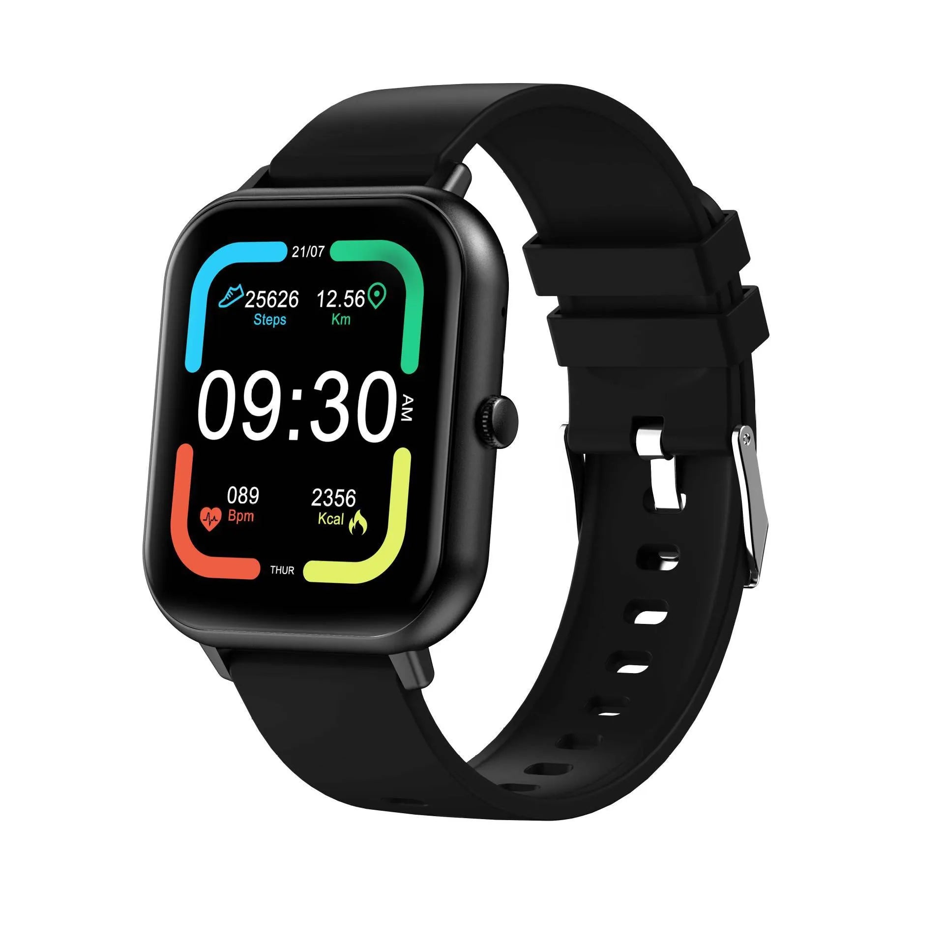 Bluetooth smart watch with touch screen displayed in black, silver grey, pink, and khaki colour options.