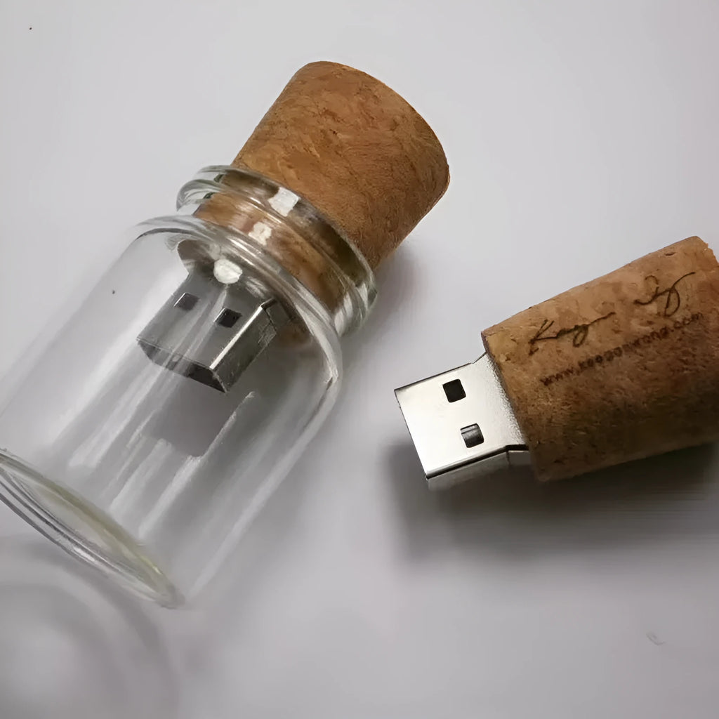 Transparent wooden wish bottle design USB flash drive on a white background.