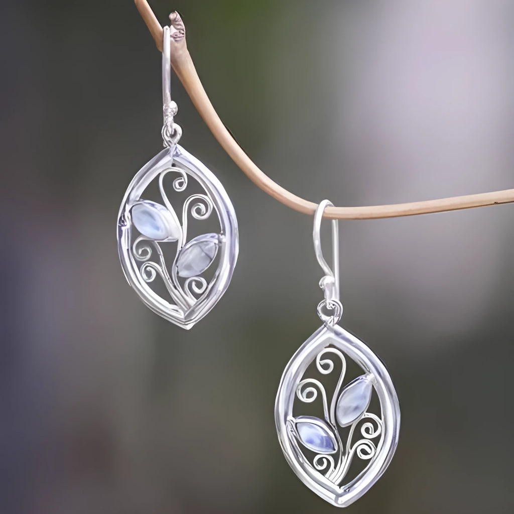 Silver alloy leaf earrings with embedded colourful moonstone gemstones for women