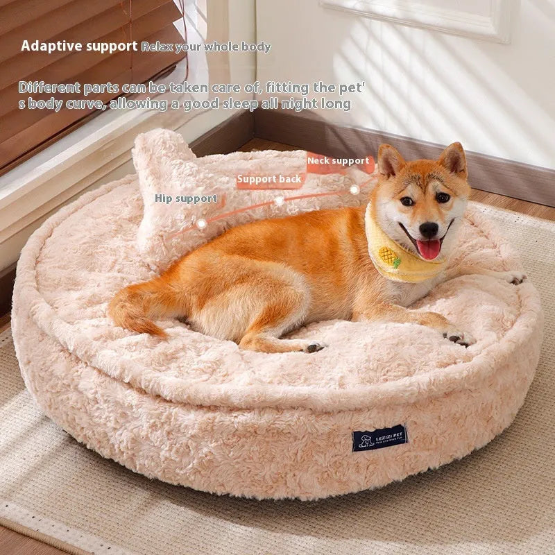 Round milk tea colour pet bed with removable washable cover in four sizes
