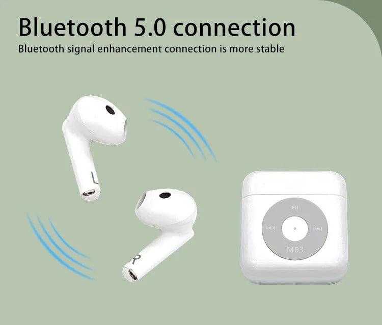 White wireless Bluetooth earphones and charging case on a solid background.