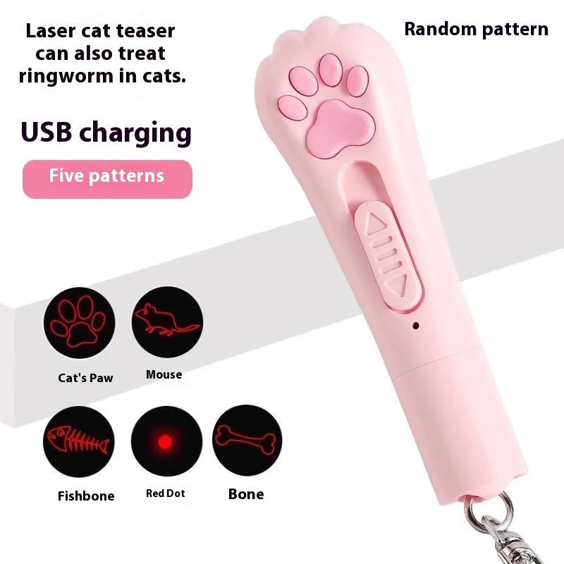 Pink plastic cat teaser pen with a light-up end for interactive play.