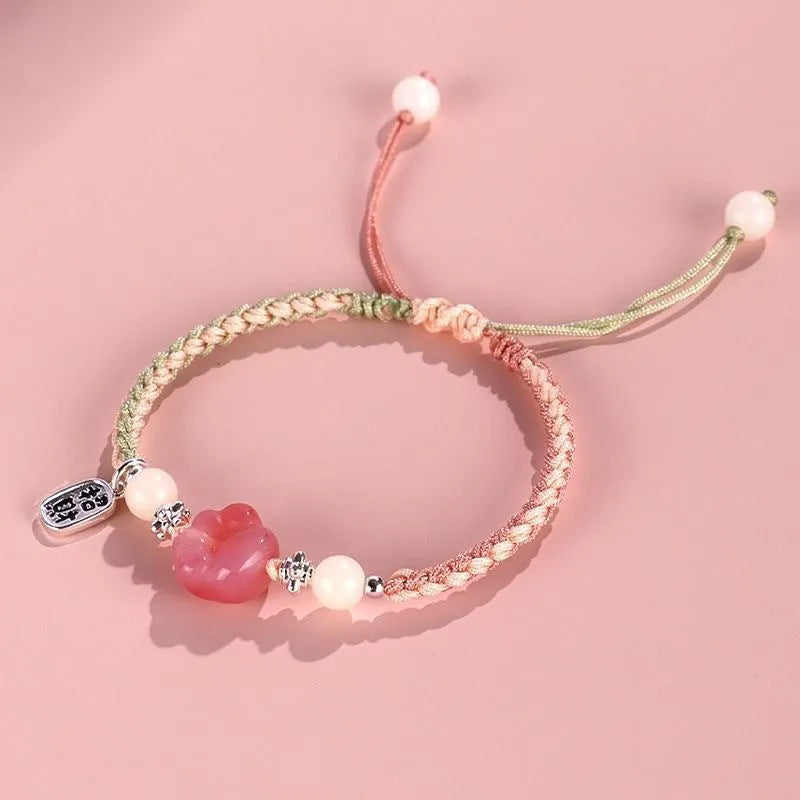 Red cat's paw woven couple bracelet with glass beads in pastoral style adjustable jewellery