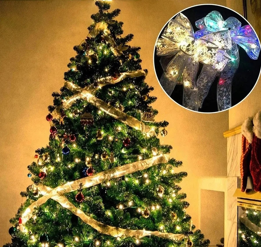 Cloth ribbon fairy lights with bow tie design and integrated LED lights for Christmas decoration