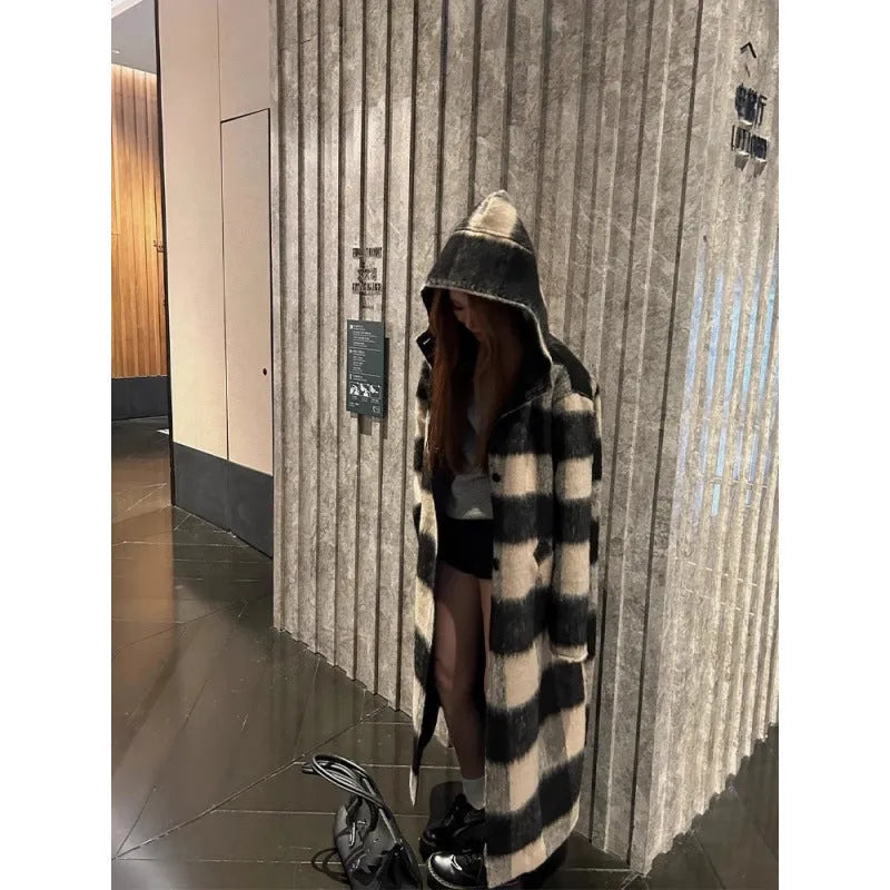 Beige and black plaid mid-length loose fit polyester women's winter woolen coat with lapel collar on a model