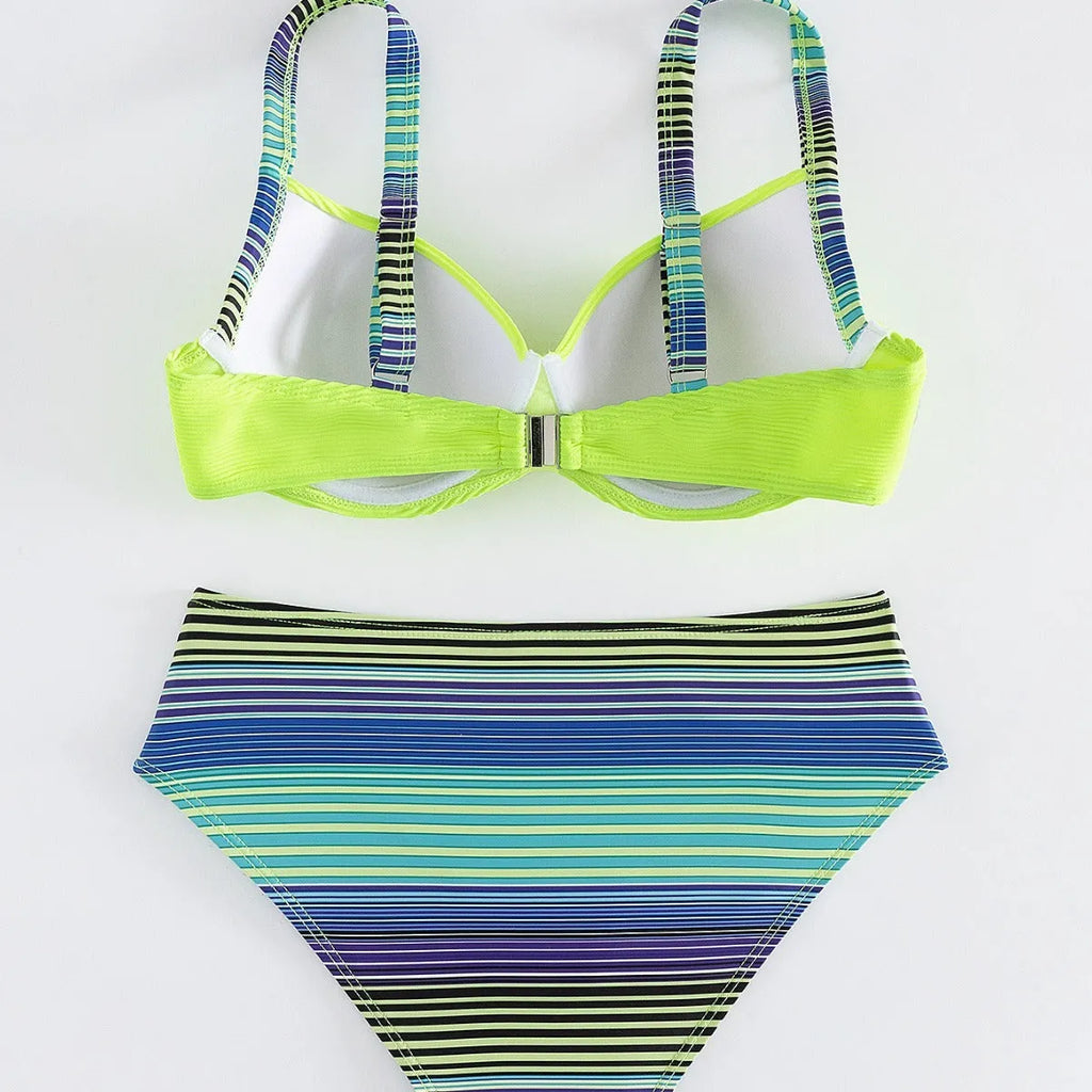 Green printed halter neck bikini set for women, showing top and briefs.