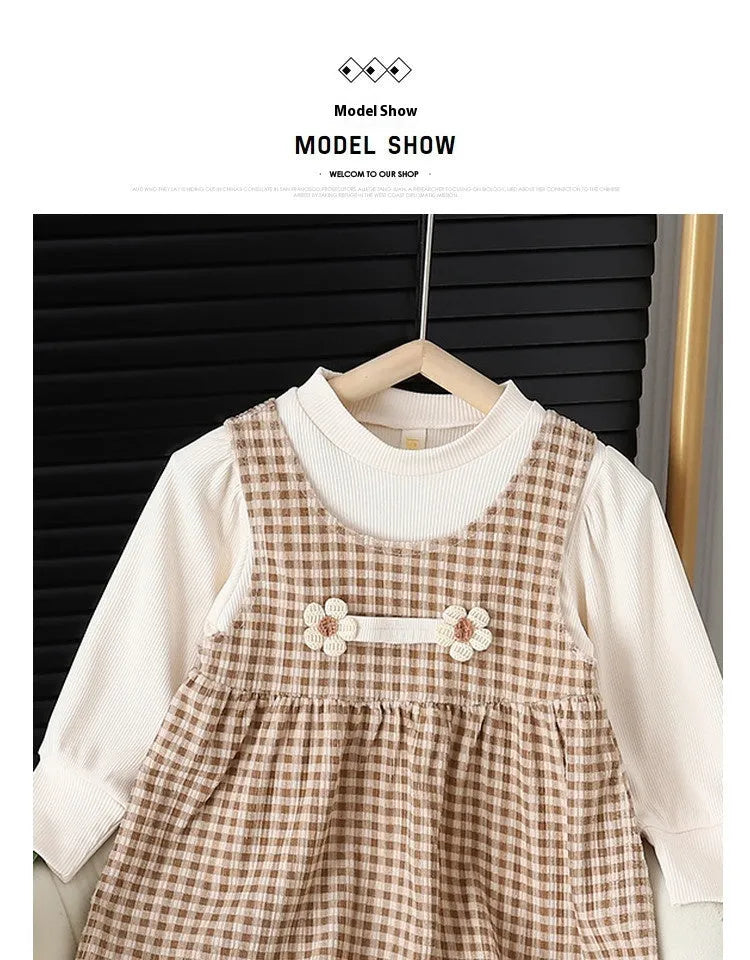 Baby girl wearing dark coffee plaid Korean style dress suit with matching shirt