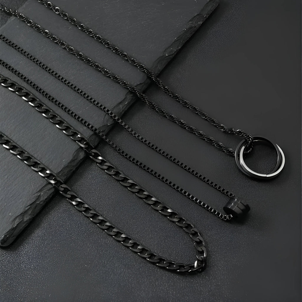 Men's black titanium steel necklace set with geometric cylindrical ring buckle pendant