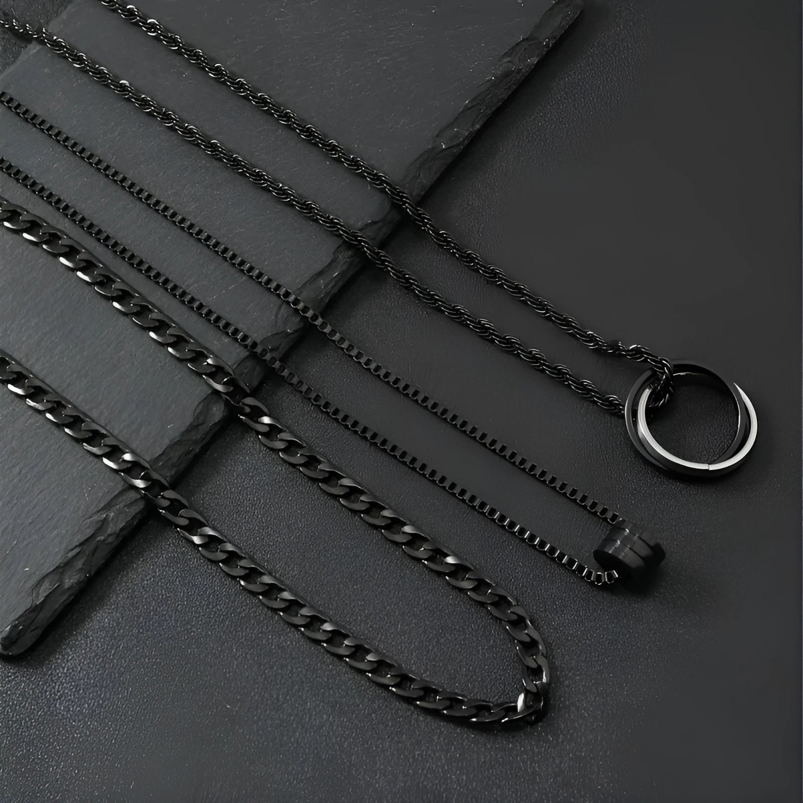 Men's black titanium steel necklace set with geometric cylindrical ring buckle pendant