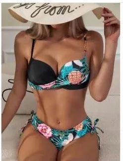Women's green printed bikini set with push-up top and drawstring side briefs on a mannequin.