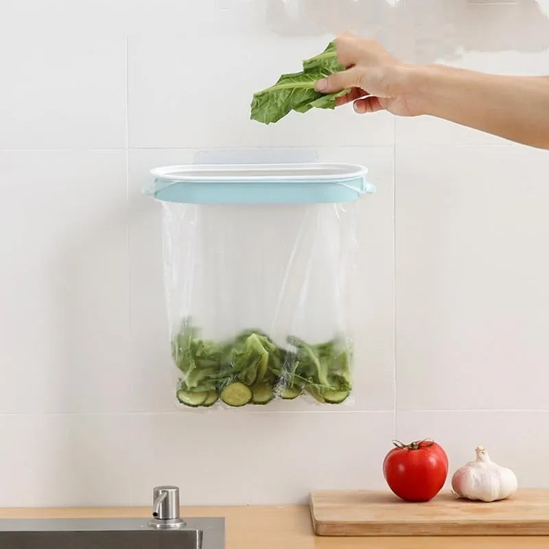 Blue plastic kitchen garbage bag storage rack for organising bin liners under sink cabinets