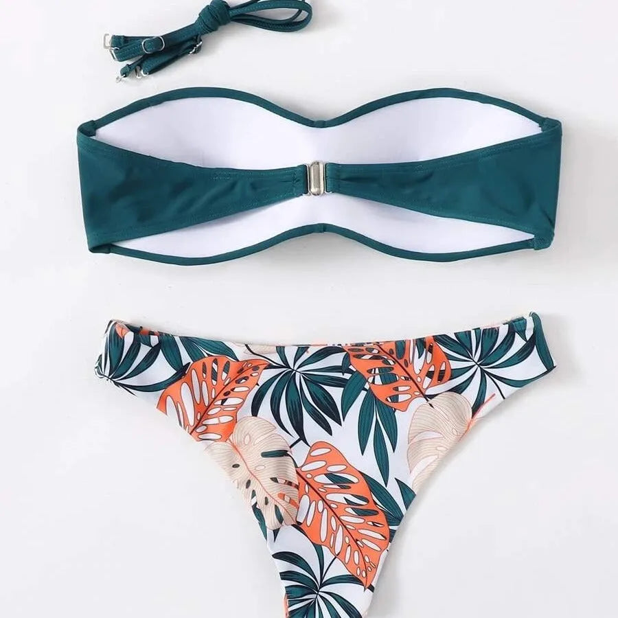 Women's fluorescent green push up bikini set with hard cup top and matching split brief bottoms