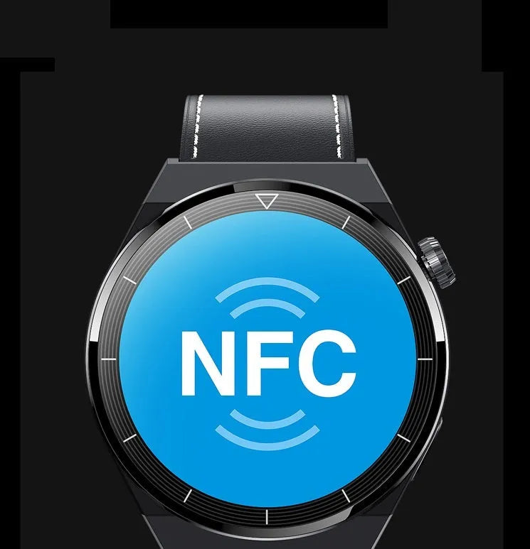 Black smart watch with round touchscreen on a silicone strap, showing call and NFC icons.