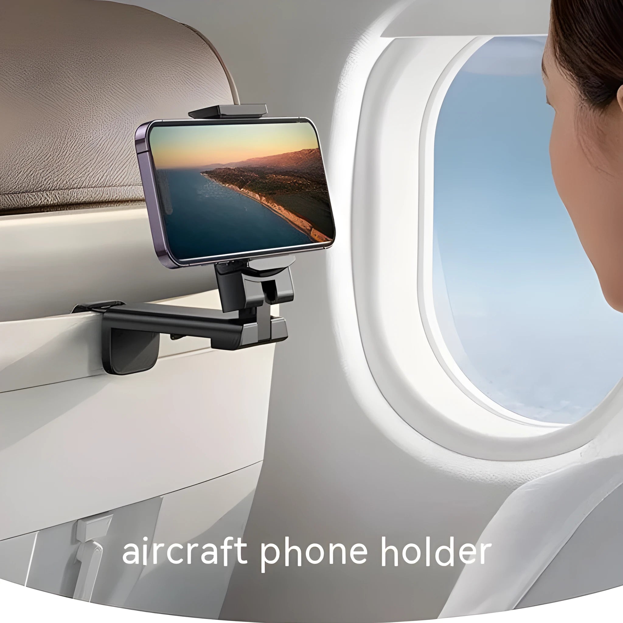 Black foldable rotating universal phone holder shown open on a desk, holding a smartphone.