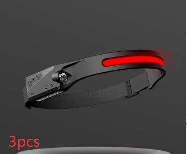 Black silicone USB rechargeable headlamp with side wave sensor and dual LED lights for wide and long-distance illumination.