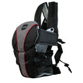 A double-shoulder baby carrier shown in red, blue, and grey, suitable for face-to-face infant carrying.