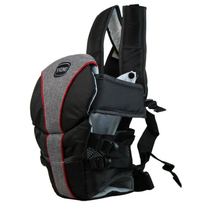 A double-shoulder baby carrier shown in red, blue, and grey, suitable for face-to-face infant carrying.