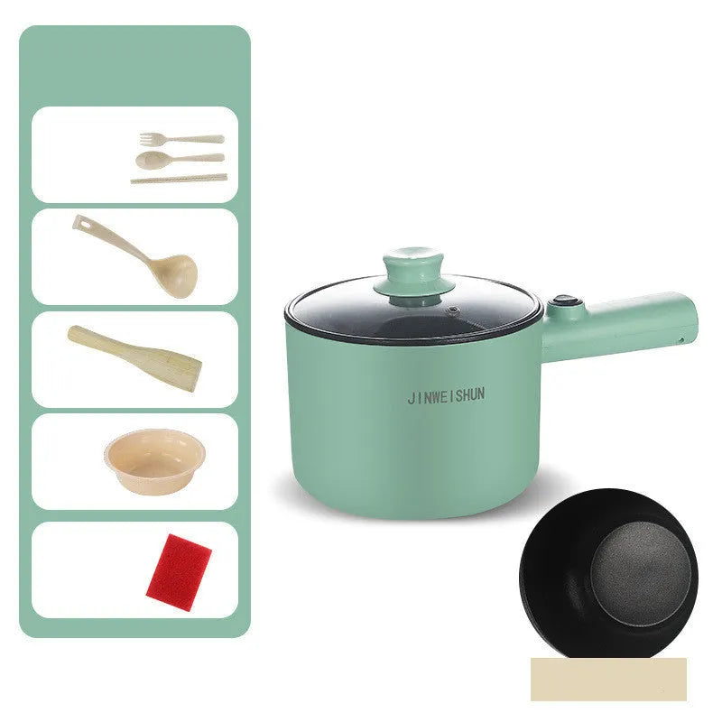 Mini electric hot pot appliance in stainless steel with non-stick coating and included cooking accessories