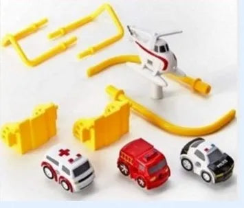 Plastic toy car track with handle remote control and colourful trolley vehicles on parking lot rails