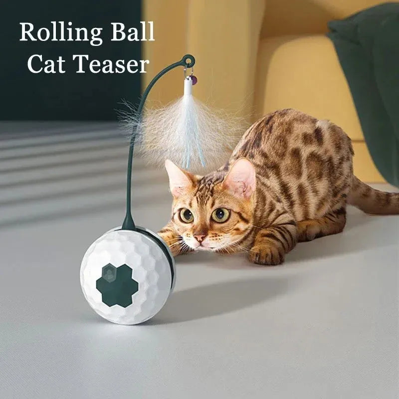 Red or white tumbler cat teaser toy with feather attachment, 71.5mm x 209mm, USB rechargeable