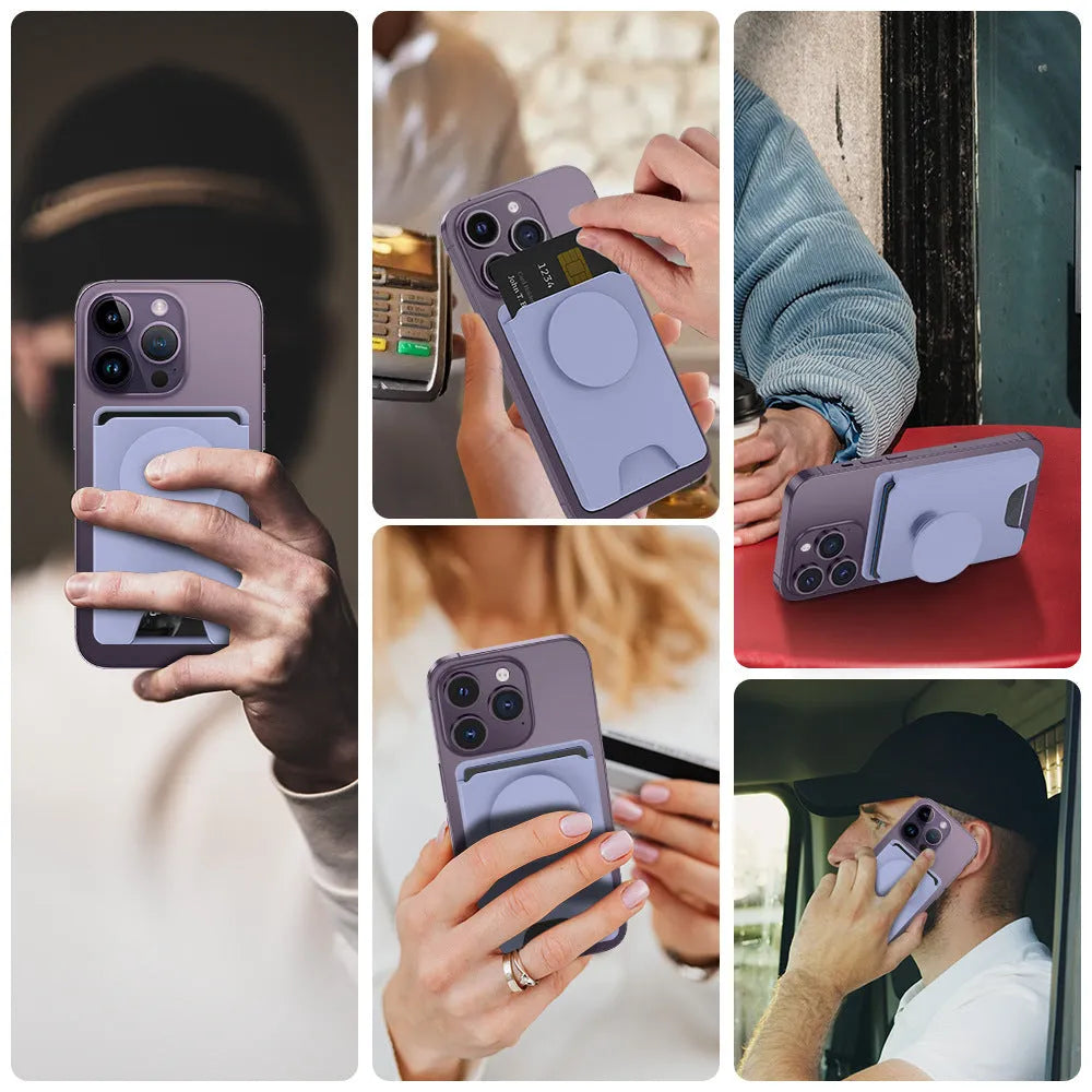 Minimalist magnetic suction phone holder in five colour options on office desk