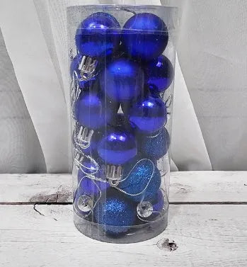 Assortment of 3cm diameter shiny and matte Christmas ball baubles in gold, red, silver, blue, and pink colours.