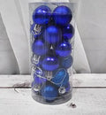 Assortment of 3cm diameter shiny and matte Christmas ball baubles in gold, red, silver, blue, and pink colours.