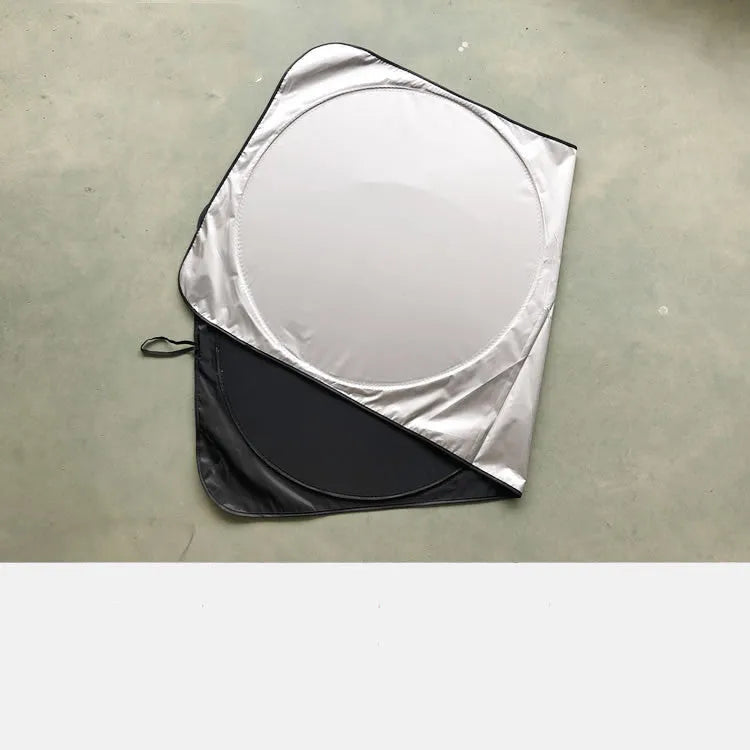 Silver tape car windscreen sunshade measuring 190x90 cm with a cloth storage bag.