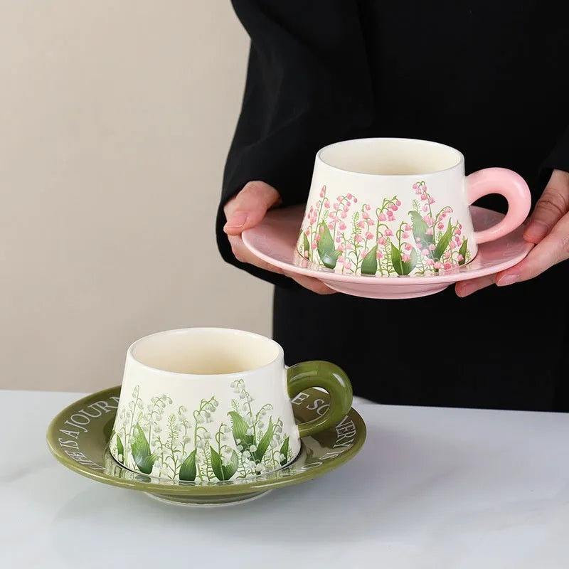 Ceramic coffee cup and saucer set with two 300ml mugs in couple designs