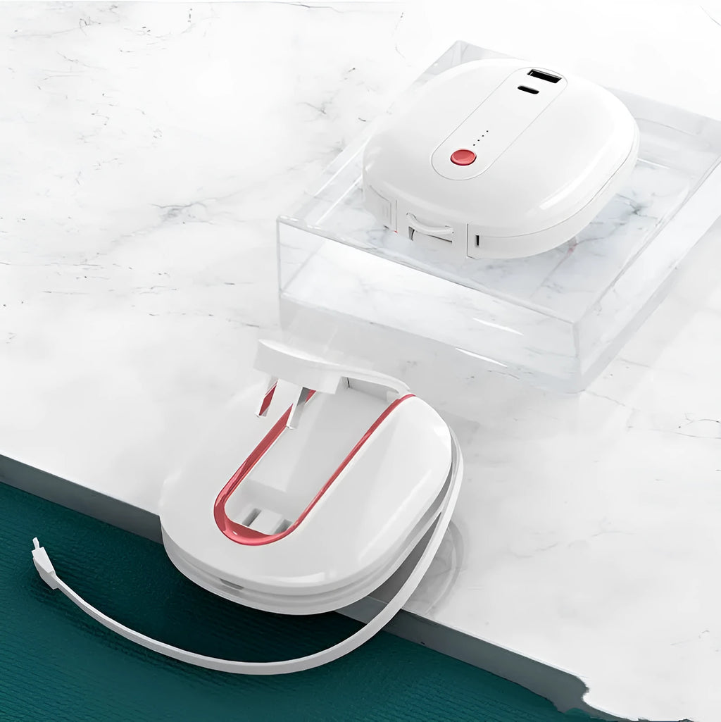 White and black two-in-one power bank with integrated plug showing 10000mAh capacity and compact size