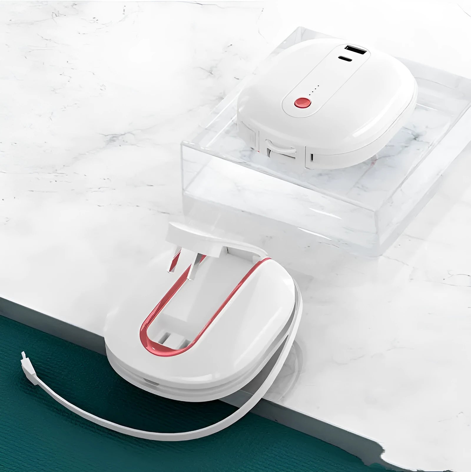 White and black two-in-one power bank with integrated plug showing 10000mAh capacity and compact size