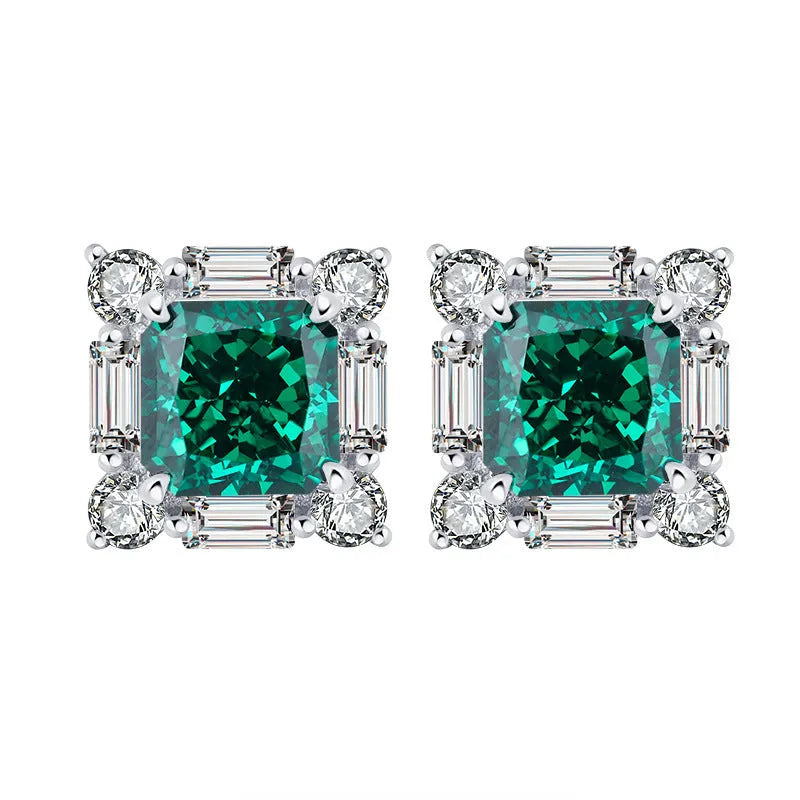 S925 silver matching jewellery set with high carbon emerald diamond necklace, earrings, and ring in princess square cut