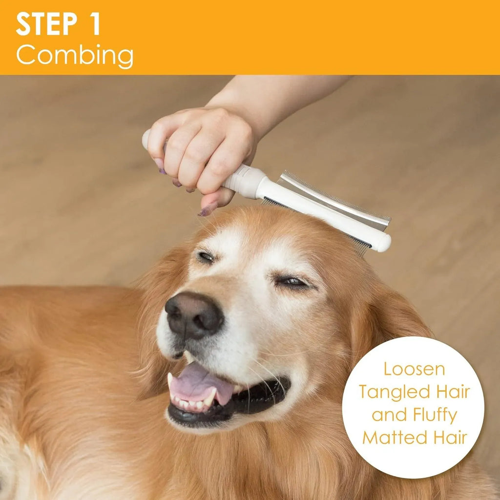 White 2 in 1 dog cat deshedding brush with curved comb and anti-slip handle measuring 230x60mm