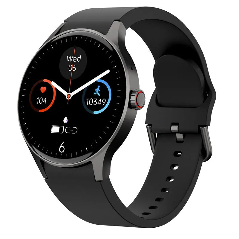 Smart Bluetooth sport watch with round display showing fitness metrics on wrist