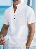 Men's loose-fit stand collar linen T-shirt in a solid colour on a hanger.