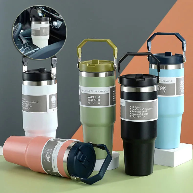 30oz stainless steel insulated travel cup with handle and sliding lid in multiple colour options