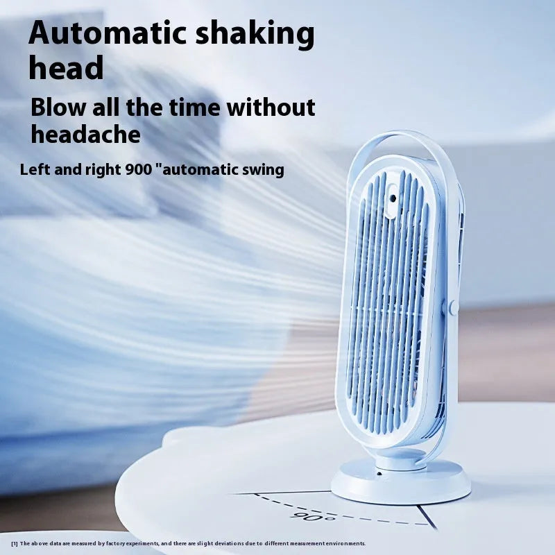 White desktop USB tower fan with humidifier function and remote control on office desk