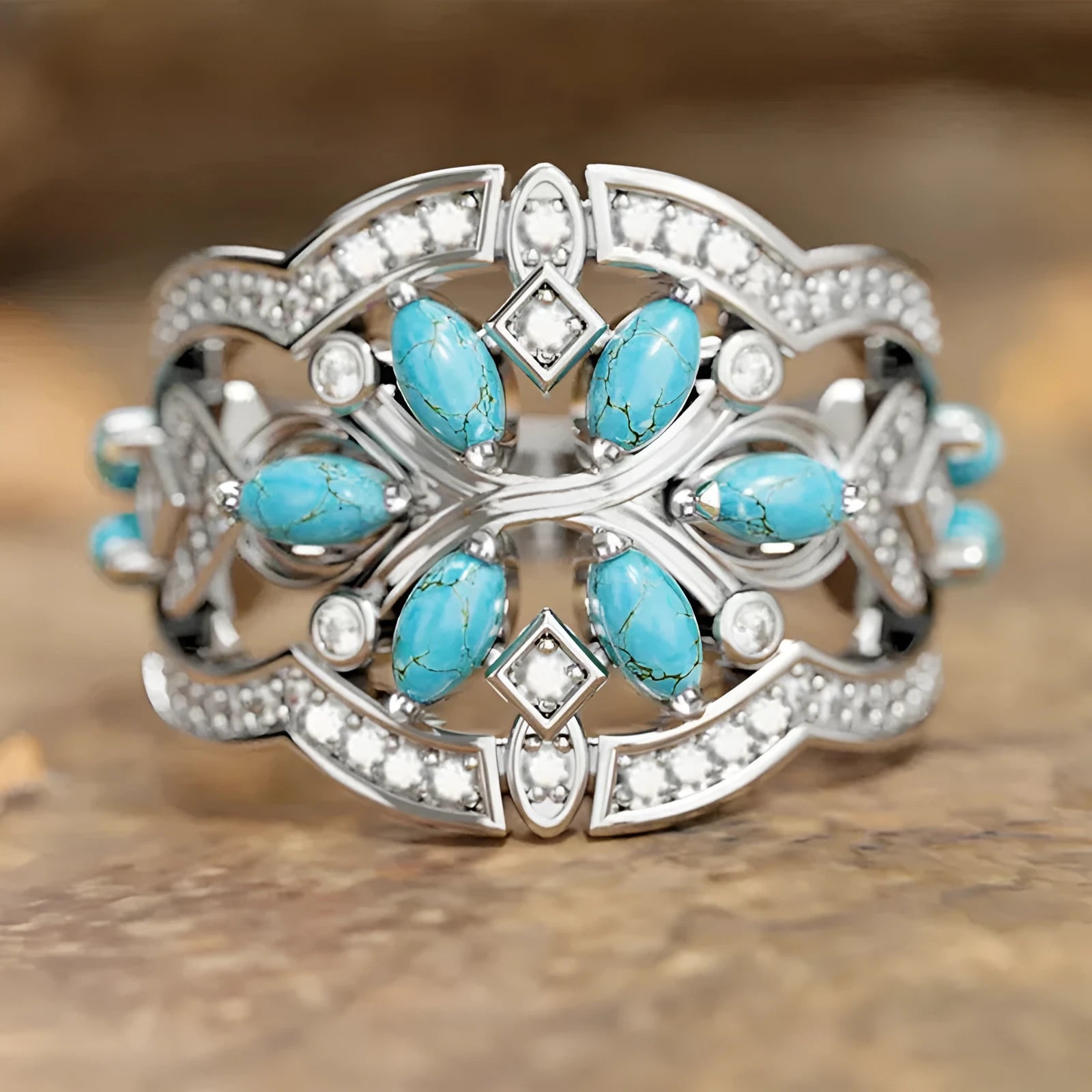 Japanese Korean ethnic style ring for women with inlaid zircon white gold colour copper geometric retro design
