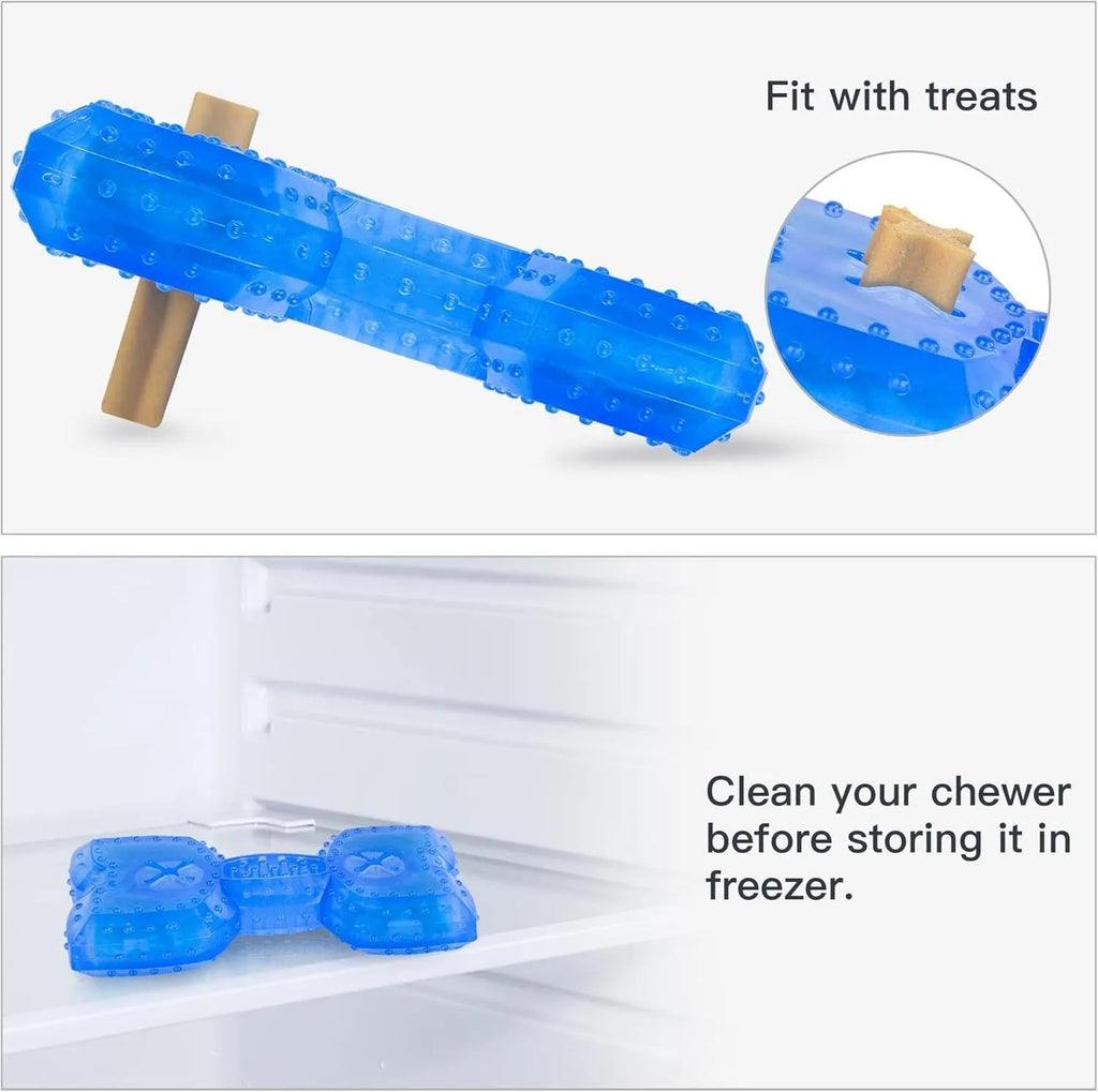 A durable bone-shaped and circle-shaped dog cooling chew toy on a blue background.